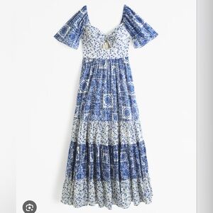 NWT Abercrombie & Fitch Twist Front Tiered Maxi Dress Large Tall Blue Patterned